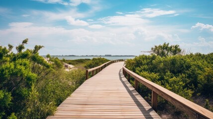Fototapeta premium Serene Aransas Boardwalk with Lush Shrubs at National Wildlife Refuge in Texas