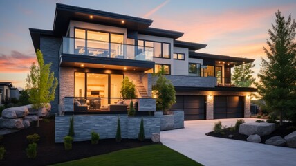 Stunning Luxury Home with Three Car Garage and Stone Accents at Sunset