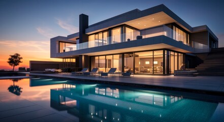 Fototapeta premium Stunning Sunset View of a Minimalist Cubic Villa with an Outdoor Swimming Pool in an Apartment Complex.