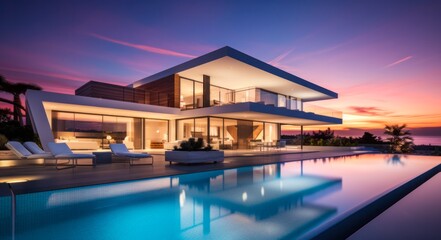 Fototapeta premium Stunning Sunset View of Minimalist Cubic Villa with Outdoor Swimming Pool.