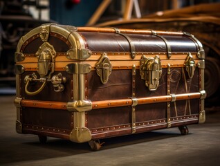 Vintage chest, A historic valise stored in the cargo area of a classic American automobile.