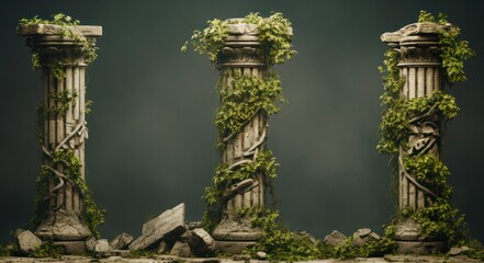 Vintage flora, An assembly of aged pillars, an assortment of overgrown pillars. AI-generated.