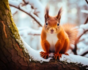 Winter Wildlife: Inquisitive Red Squirrel Observed on Tree