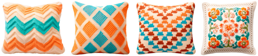 Set of knitted blue and orange square pillows. A collection of chunky knit pillows with geometric patterns. Isolated on a transparent background.
