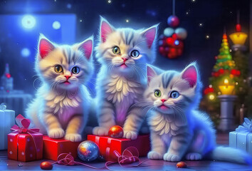Beautiful cute kittens with Christmas gifts in a festive interior