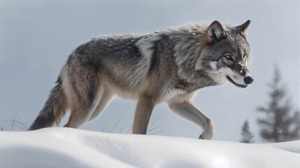 AI generated illustration of a majestic gray wolf walking across a winter landscape