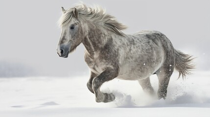 AI generated illustration of a beautiful majestic horse running through the snow