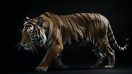 Fototapeta na wymiar AI generated illustration of a majestic tiger striding across a stark black background