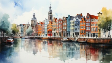 Naklejka premium An Amsterdam illustration in colorful watercolor paints, isolated on a white background