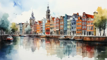 Deurstickers An Amsterdam illustration in colorful watercolor paints, isolated on a white background © senadesign
