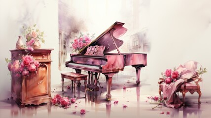 Illustration of a piano in colorful watercolors, isolated on a white background - obrazy, fototapety, plakaty