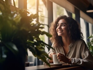 beautiful smiling lady drinking a beer or coffee in a pub
