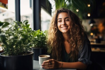 beautiful smiling lady drinking a beer or coffee in a pub
