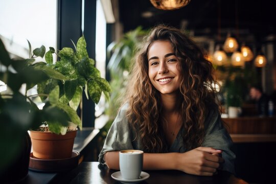 beautiful smiling lady drinking a beer or coffee in a pub
