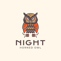 Naklejka premium horned owl perched focus colorful modern mascot character cartoon cute vintage hipster logo design vector illustration