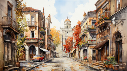 Fototapeta na wymiar Watercolor painting of a city streets in autumn