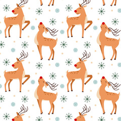 Obraz premium Pattern with Christmas reindeer and snowflakes in flat style. Christmas pattern. Rudolph the reindeer.
