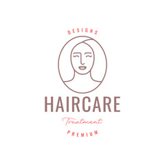 beauty face women portrait long hair salon treatment line style minimal cartoon mascot character logo design vector icon illustration