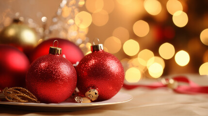 Christmas balls on a table decorated for celebrated Christmas or New year.