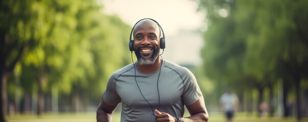 Mature African American athlete during jogging workout in city park.