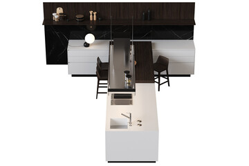 modern kitchen isolated on transparent background, home furniture, 3D illustration, cg render
