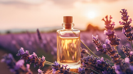 Obraz na płótnie Canvas Glass bottle of lavender essential oil with fresh lavender flowers in lavender field. Generative AI