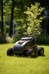 Lawn robot mows the lawn. Robotic Lawn Mower cutting grass. Generative AI