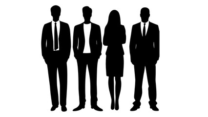Silhouettes of men and a woman, a group of standing business people, white background