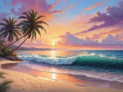 sunset on the beach With palm tree . illustration © MrJacki