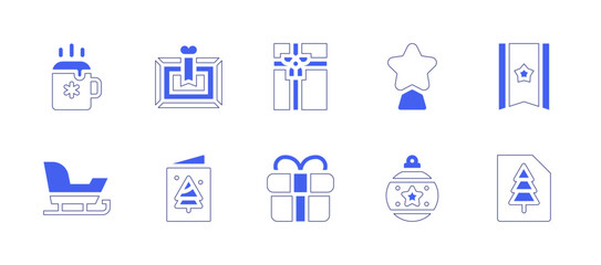 Christmas icon set. Duotone style line stroke and bold. Vector illustration. Containing christmas, file, star, bauble, box, gift, frame, cocoa, postcard, sled.