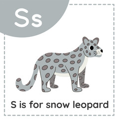 Animal alphabet flashcard for children. Learning letter S. S is for snow leopard.