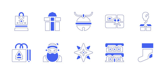 Christmas icon set. Duotone style line stroke and bold. Vector illustration. Containing gift, jingle bell, package, santa claus, star, building, christmas, boxing day, christmas present.