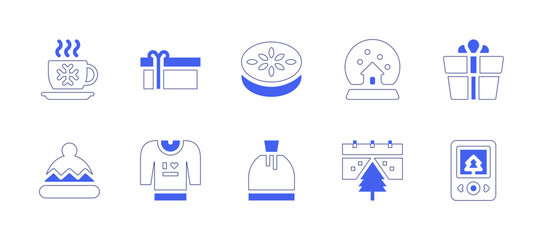 Christmas icon set. Duotone style line stroke and bold. Vector illustration. Containing gift, ginger cookies, snowball, sweater, mp, bag, christmas, hot drink, winter hat.