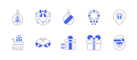 Christmas icon set. Duotone style line stroke and bold. Vector illustration. Containing wreath, christmas wreath, bells, gift, christmas ball, placeholder, cart, gift box, santa claus.