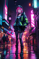 cyberpunk girl rain retro city
