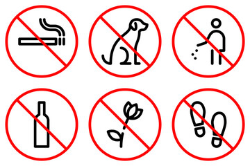 No smoking, dogs, trash, alcohol line icons. Do not pick flowers and walk on lawn outline signs isolated on white background. Prohibition pictograms in linear style. Editable stroke. Vector graphics