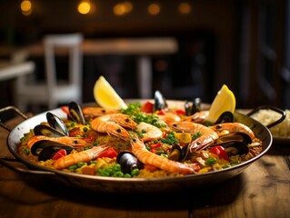 AI generated illustration of a delicious paella meal with seafood served on a wooden table