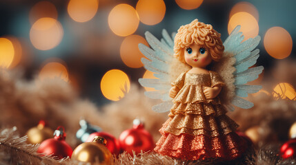 Angel with Christmas decoration on bokeh background.