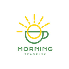 morning sunrise breakfast tea drink cup sunburst line style colorful modern simple minimal logo design vector icon illustration