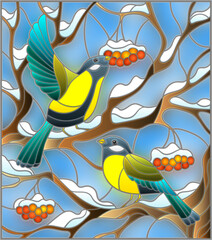 Naklejka premium An illustration in the style of a stained glass window with bright birds tits on the branches of a tree