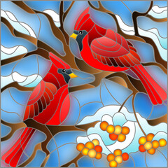 An illustration in the style of a stained glass window with bright birds cordinals on the branches of a tree