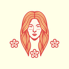 beauty woman face long hair coloring salon treatment flower portrait mascot character cartoon logo design vector icon illustration
