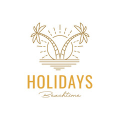 holidays coconut tree beach view sunset sunburst line style minimal hipster logo design vector icon illustration