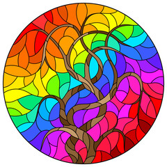 An illustration in the style of a stained glass window with an abstract tree on the bright background,round image