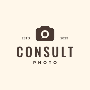 camera photography consulting bubble chat talk simple flat hipster style logo design vector icon illustration