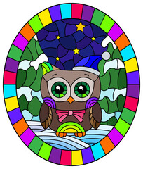 An illustration in the style of a stained glass window on the theme of New Year holidays , cute owl on the background of a winter night landscape