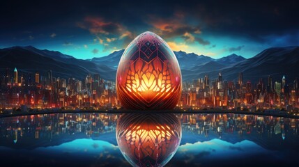 Modern art representation of an Easter egg, with geometric patterns and neon colors, floating above...