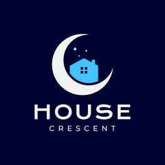 crescent night with house chimney stars modern flat clean minimal logo design vector icon illustration