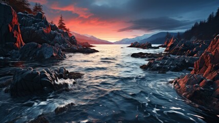A serene coastal sunset with waves crashing against rocky shore. - obrazy, fototapety, plakaty