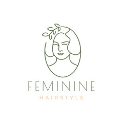 cute female short hair portrait salon treatment leaves herbal line style minimal feminine mascot character logo design vector icon illustration